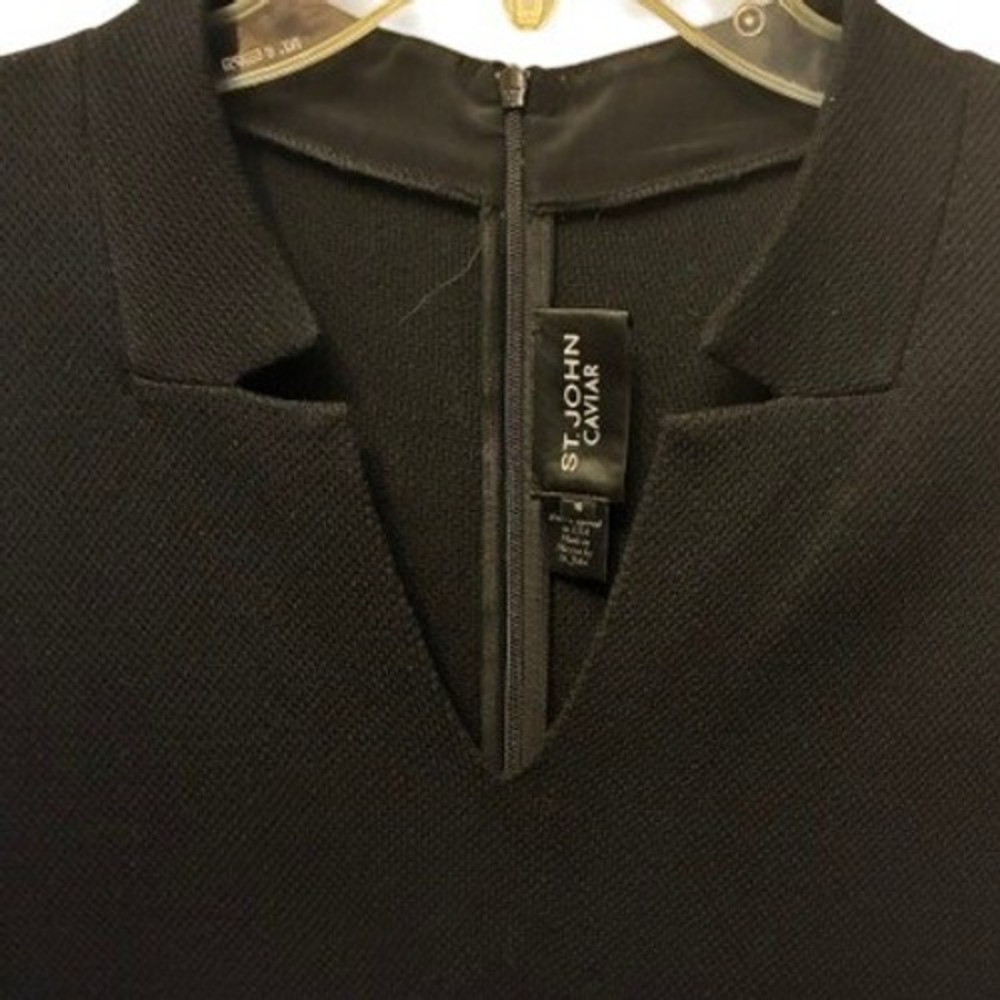 St. John Caviar Knit Sheath Dress Women Size‎ 10 Black Excellent Notched V-Neck - Picture 5 of 7